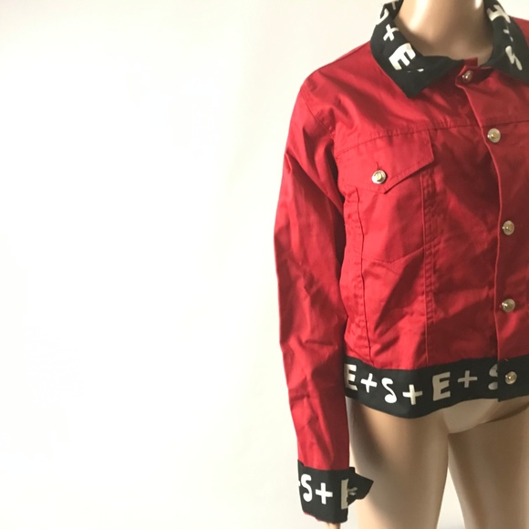 Santo Unisex Denim Jacket Cotton Button Down Red L - Picture 2 of 8